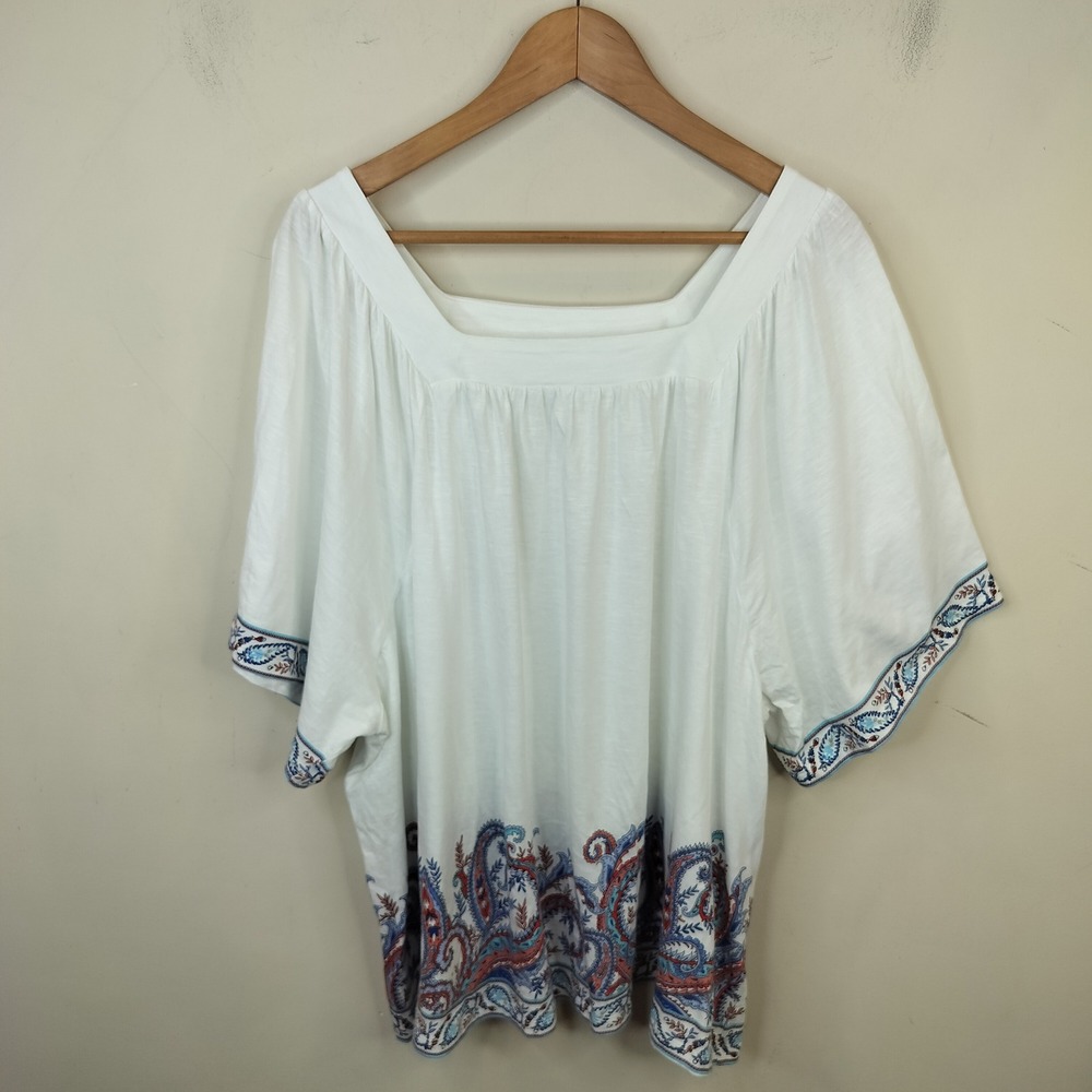J. Jill Floral Paisley Top 3X Flutter Sleeve Cotton Square Neck Boho White
